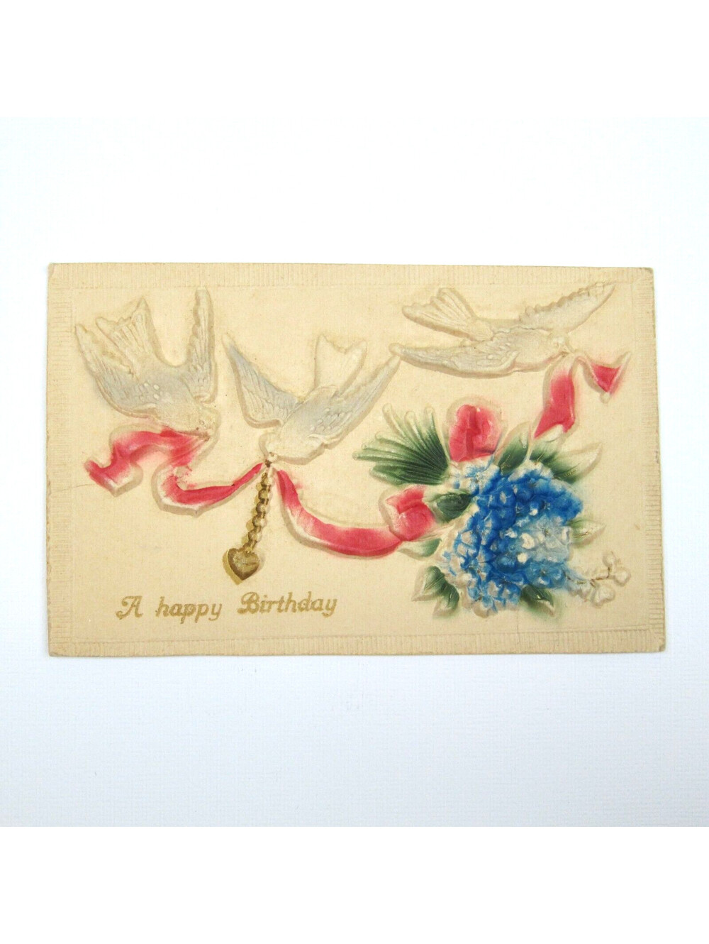 Postcard Happy Birthday Germany Antique 1913 Embossed 3D Doves Blue Flowers Red
